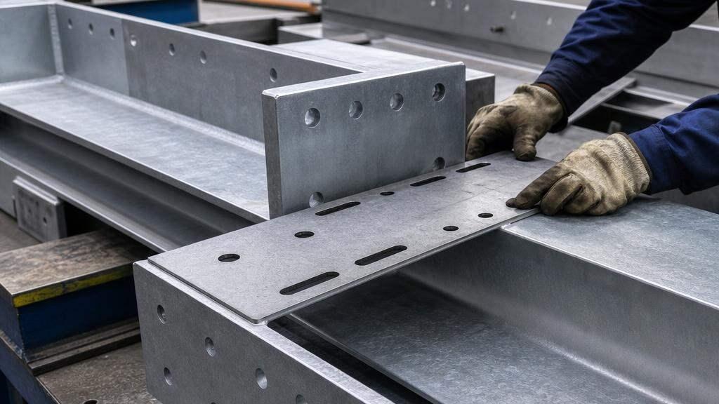 Galvanized steel connection plates with standardized round and slotted bolt-hole patterns in a fabrication shop