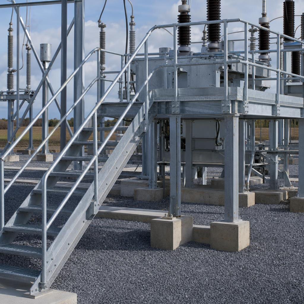 Galvanized stairs, grating, rails, and toe boards