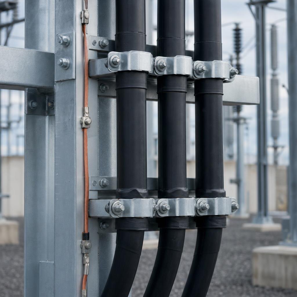 Cable-riser clamps, bonding, and support steel