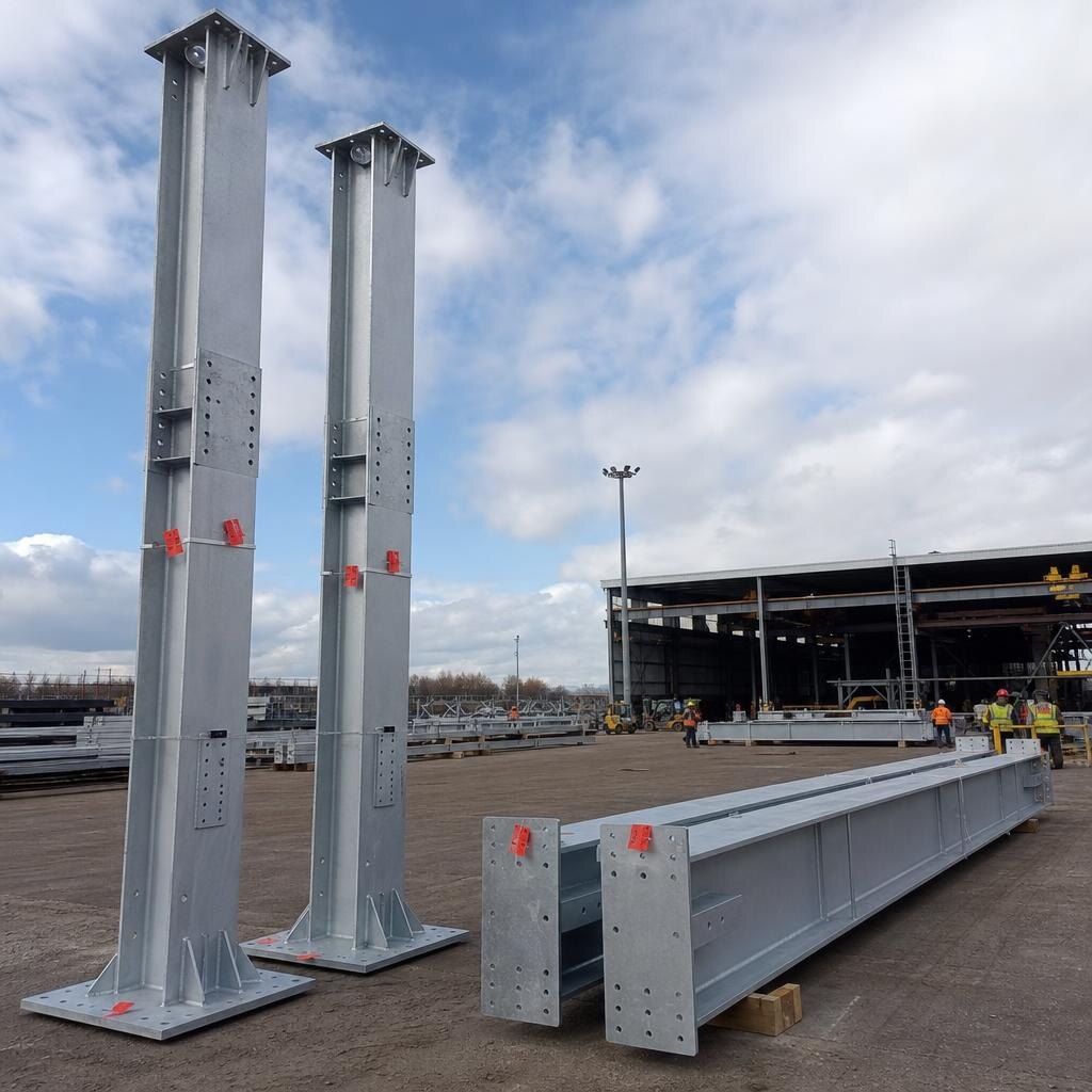Matched columns and conductor beam staged for assembly