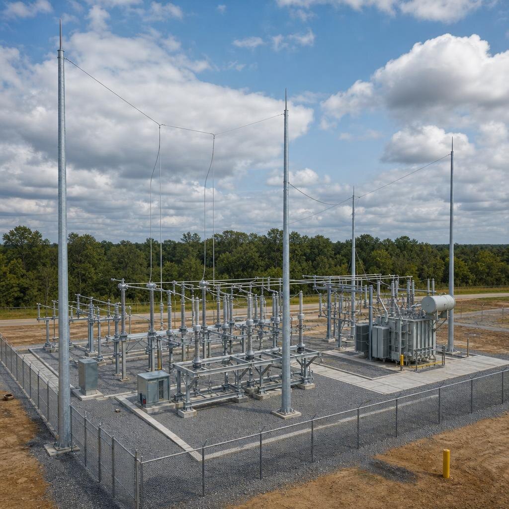 Static-mast array protecting a compact substation yard