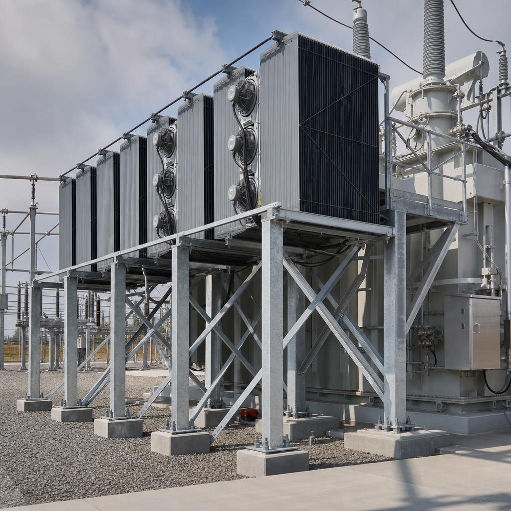Steel supporting a transformer radiator bank